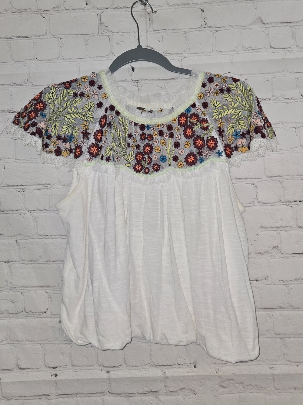 Free People White Camisole with Multicolor Floral Embroidered Yoke